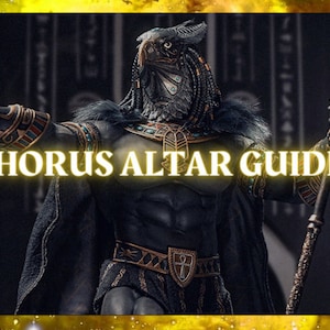 Könnte beinhalten: Eine schwarze und goldene Statue des ägyptischen Gottes Horus mit einem Falkenkopf und einem menschlichen Körper. Die Statue hält einen Stab und steht vor einem dunklen Hintergrund. Der Text "HORUS ALTAR GUIDE" ist in goldenen Buchstaben über dem Bild geschrieben.