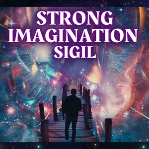 Puede incluir: Una persona camina hacia una nebulosa brillante y colorida en el cielo. La persona camina sobre un puente de madera. El texto "STRONG IMAGINATION SIGIL" está en la parte superior de la imagen.