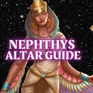 Peut inclure: Illustration de Nephthys, déesse égyptienne, avec le texte "NEPHTHYS ALTAR GUIDE" dans une lueur violette. Elle porte une coiffe dorée et tient un bâton. Le fond est un ciel étoilé.