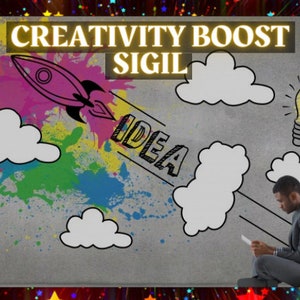 Puede incluir: Un fondo gris con un cohete que se lanza hacia una nube con la palabra "IDEA" escrita en ella. El cohete es rosa y tiene salpicaduras de pintura de colores detrás de él. Hay una bombilla dibujada en la esquina superior derecha de la imagen. El texto "CREATIVITY BOOST SIGIL" está en la parte superior de la imagen.