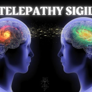 May include: Digital illustration depicting two blue human profiles facing each other, with brains containing swirling galaxies. The text "TELEPATHY SIGIL" is at the top. A stream of light connects the brains, suggesting telepathic communication.