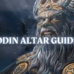 Peut inclure: Une illustration numérique d'Odin, le dieu nordique de la sagesse, de la guerre et de la mort. Il est représenté avec une longue barbe blanche et un casque à cornes. Le texte "ODIN ALTAR GUIDE" est affiché sous l'image.