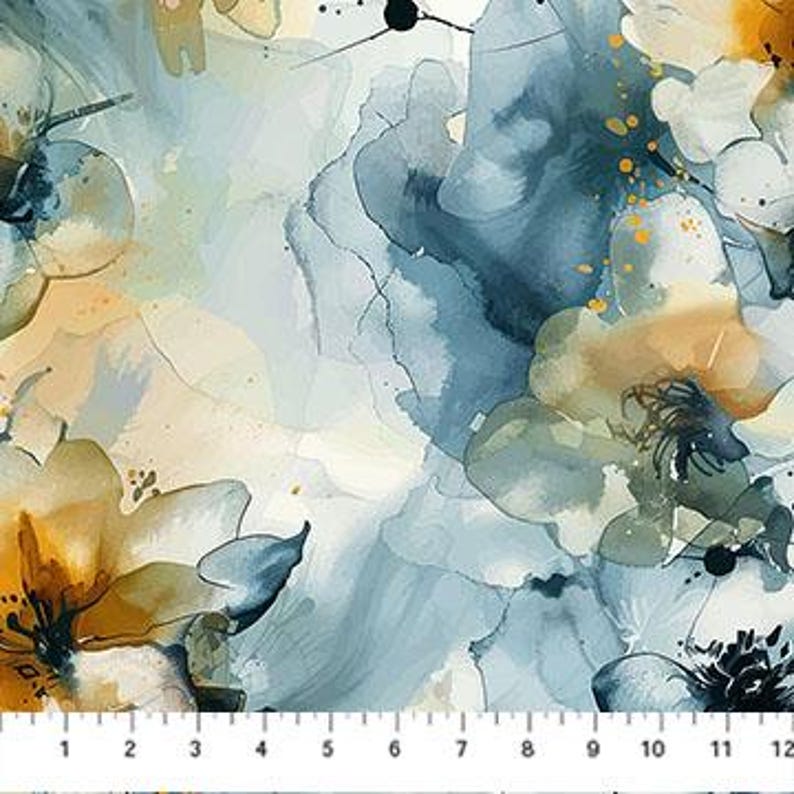 May include: Fabric with a watercolour floral design in shades of blue, yellow, and white. The pattern includes large, abstract flowers and colour splashes. A ruler at the bottom shows measurements in inches.