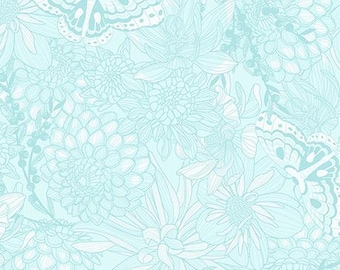 Dahlias At Dusk- Tonal Floral & Butterflies 31401-QZ Light Aqua