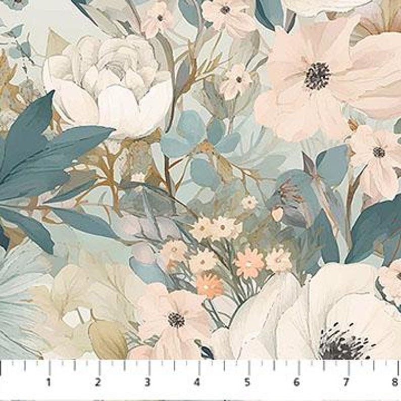 May include: Floral fabric with a watercolor design. The fabric features large white and peach-coloured flowers, along with smaller blooms and green and blue leaves. A ruler is at the bottom of the image, showing measurements in inches.