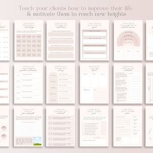 May include: A collection of beige and pink worksheets with titles like "Personal Development Worksheet," "Achieving Goals," and "Self-Care Plan." The text "Teach your clients how to improve their life & motivate them to reach new heights" is at the top.