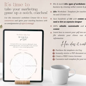 May include: A digital tablet displays a worksheet titled "Wheel of Life" with a circular diagram. Text on the screen includes "Worksheet Fifty Four" and instructions. The image also features a white mug and text about worksheet templates.