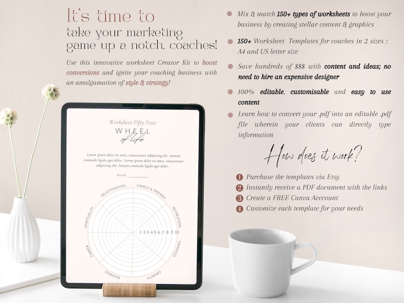 May include: A digital tablet displays a worksheet titled "Wheel of Life" with a circular diagram. Text on the screen includes "Worksheet Fifty Four" and instructions. The image also features a white mug and text about worksheet templates.