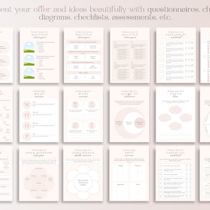 May include: A collection of beige worksheets with various layouts for questionnaires, charts, diagrams, checklists, and assessments. The text at the top says, "Present your offer and ideas beautifully." Each worksheet has a unique design, including multiple-choice questions, and diagrams.