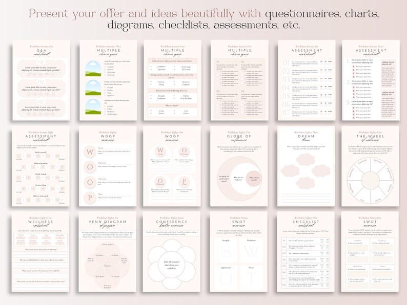 May include: A collection of beige worksheets with various layouts for questionnaires, charts, diagrams, checklists, and assessments. The text at the top says, "Present your offer and ideas beautifully." Each worksheet has a unique design, including multiple-choice questions, and diagrams.