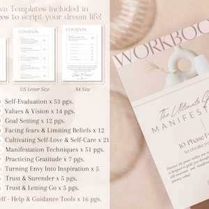 Pu&ograve; includere: Un quaderno di lavoro rosa e bianco intitolato "The Ultimate Guide to Manifestation" con un framework in 10 fasi per creare la vita dei tuoi sogni. La copertina presenta un vaso bianco con un'apertura rotonda e un vaso marrone chiaro con un'apertura rotonda. Il quaderno di lavoro &egrave; stato progettato da Hustle Hub Co.