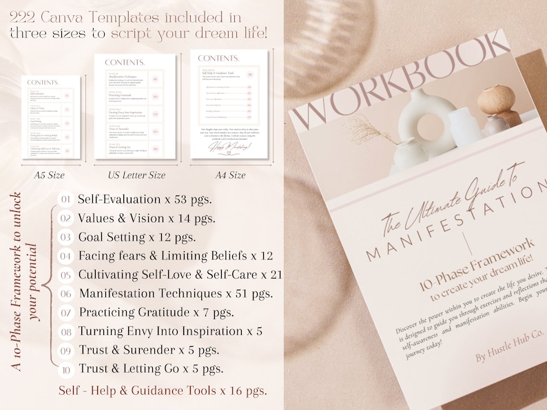Pu&ograve; includere: Un quaderno di lavoro rosa e bianco intitolato "The Ultimate Guide to Manifestation" con un framework in 10 fasi per creare la vita dei tuoi sogni. La copertina presenta un vaso bianco con un'apertura rotonda e un vaso marrone chiaro con un'apertura rotonda. Il quaderno di lavoro &egrave; stato progettato da Hustle Hub Co.