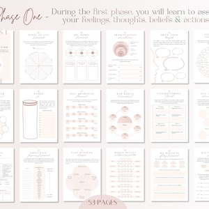 Pu&ograve; includere: Un quaderno di lavoro stampabile con illustrazioni e testo rosa e bianco. Il quaderno &egrave; intitolato "Phase One - During the first phase, you will learn to assess your feelings, thoughts, beliefs & actions!" e comprende 53 pagine di esercizi.