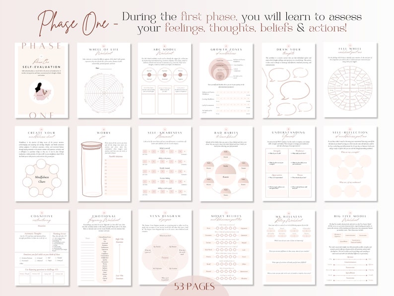 Pu&ograve; includere: Un quaderno di lavoro stampabile con illustrazioni e testo rosa e bianco. Il quaderno &egrave; intitolato "Phase One - During the first phase, you will learn to assess your feelings, thoughts, beliefs & actions!" e comprende 53 pagine di esercizi.