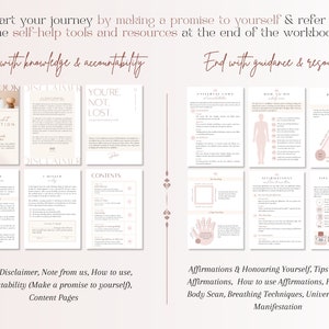 Pu&ograve; includere: Un quaderno di lavoro con uno schema di colori rosa e bianco. La copertina presenta un'illustrazione rosa e bianca di una candela e il testo "The Ultimate Guide to Manifestation". Il quaderno include pagine con titoli come "Disclaimer", "You're Not Lost", "A Journey", "A Mindset", "Contents", "Universal Laws of Manifestation", "How to Do", "Breathing", "Affirmations", "Tips to Practice Affirmations", e "How to Use Affirmations".