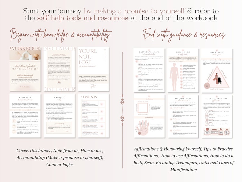 Pu&ograve; includere: Un quaderno di lavoro con uno schema di colori rosa e bianco. La copertina presenta un'illustrazione rosa e bianca di una candela e il testo "The Ultimate Guide to Manifestation". Il quaderno include pagine con titoli come "Disclaimer", "You're Not Lost", "A Journey", "A Mindset", "Contents", "Universal Laws of Manifestation", "How to Do", "Breathing", "Affirmations", "Tips to Practice Affirmations", e "How to Use Affirmations".