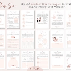 Pu&ograve; includere: Un quaderno di lavoro stampabile con pagine rosa e bianche e un titolo che recita "Fase Sei - Usa 30 tecniche di manifestazione per lavorare per aumentare la tua vibrazione". Il quaderno di lavoro include una variet&agrave; di esercizi e attivit&agrave; progettati per aiutarti a manifestare i tuoi desideri.