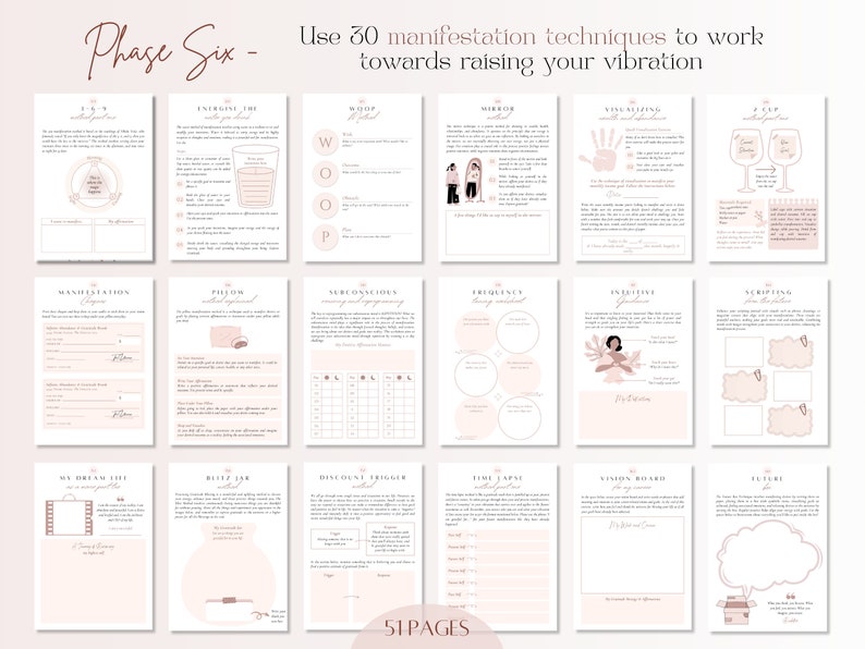 Pu&ograve; includere: Un quaderno di lavoro stampabile con pagine rosa e bianche e un titolo che recita "Fase Sei - Usa 30 tecniche di manifestazione per lavorare per aumentare la tua vibrazione". Il quaderno di lavoro include una variet&agrave; di esercizi e attivit&agrave; progettati per aiutarti a manifestare i tuoi desideri.
