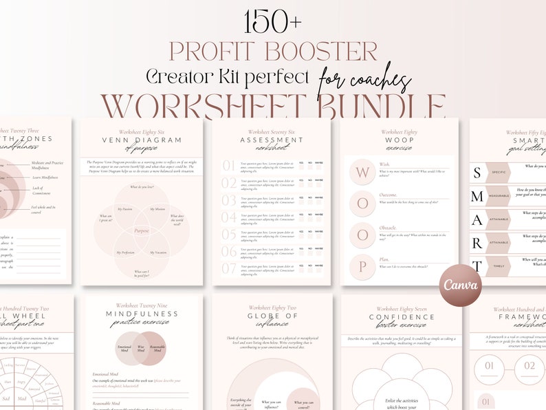 May include: A collection of worksheets with a soft pink and white color scheme. The worksheets include titles such as "Venn Diagram of Purpose", "WOOP Exercise", and "SMART Goal Setting". The text "150+ PROFIT BOOSTER" is at the top.