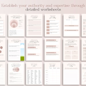 May include: A collection of beige worksheets with rose-colored accents, designed for self-improvement. The worksheets cover topics like goal setting, mindfulness, and gratitude. The text "Establish your authority and expertise through detailed worksheets" is at the top.