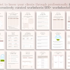 May include: A collection of beige worksheets with various titles, including "The Wheel of Life," "Learning From Your Activity Log," and "Action Priority Matrix." The text "Get to know your clients through professionally & creatively curated worksheets (150+ worksheets)" is at the top.