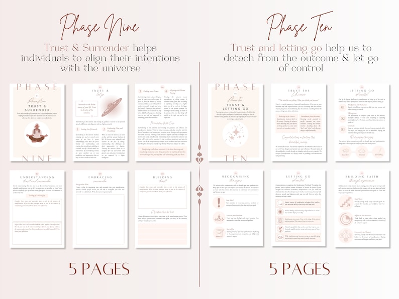 Pu&ograve; includere: Una guida stampabile con accenti rosa e dorati, intitolata "Fase Nove: La fiducia e la resa aiutano gli individui ad allineare le loro intenzioni con l'universo" e "Fase Dieci: La fiducia e il lasciar andare ci aiutano a distaccarci dal risultato e a lasciare andare il controllo". La guida comprende cinque pagine con testo e illustrazioni.