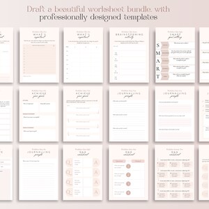 May include: A collection of professionally designed worksheet templates in a soft beige color scheme. The worksheets cover topics like decision-making, goal setting, journaling, and brainstorming. Text on the image reads "Draft a beautiful worksheet bundle, with professionally designed templates."