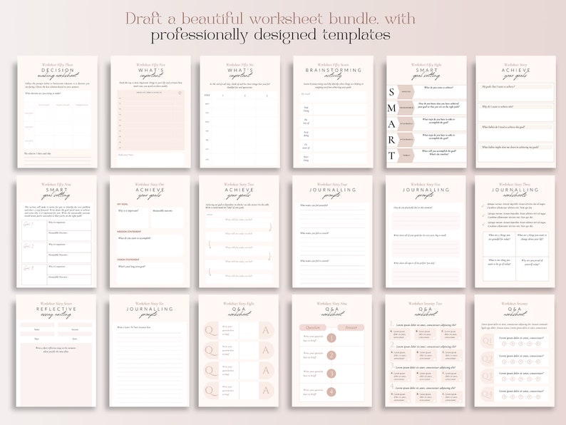May include: A collection of professionally designed worksheet templates in a soft beige color scheme. The worksheets cover topics like decision-making, goal setting, journaling, and brainstorming. Text on the image reads "Draft a beautiful worksheet bundle, with professionally designed templates."