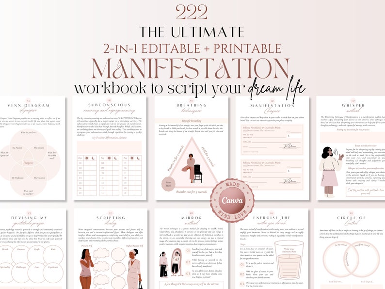222 pgs Printable Manifestation Workbook and E-Book to based on Law of Attraction. Use manifestation techniques & build a manifestation mindset. Edit on Canva if you're a coach or print & use if you are someone looking to start manifestation journey.