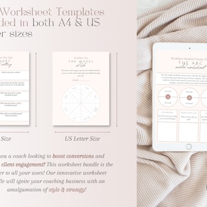 May include: A digital product bundle featuring over 150 worksheet templates in A4 and US Letter sizes. The image displays examples of the worksheets, including a SMART goal-setting template, a wheel of life, and an ABC model worksheet. The text promotes the bundle for coaches.