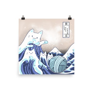 Hokusai inspired great cat wave Poster art print wall decor funny quirky cute gift