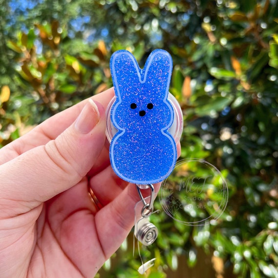 Peep Bunny Glitter Interchangeable Badge Reel | Blue Glitter Peep Bunny ID Holder | Healthcare Badge Reel | Cute Healthcare Teacher Gift