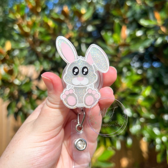 Bunny Glitter Interchangeable Badge Reel White Bunny Glitter ID Holder  Healthcare Badge Reel Cute Healthcare, Student, or Teacher Gift 