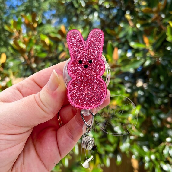 Peep Bunny Glitter Interchangeable Badge Reel Pink Glitter Peep Bunny ID  Holder Healthcare Badge Reel Cute Healthcare Teacher Gift 
