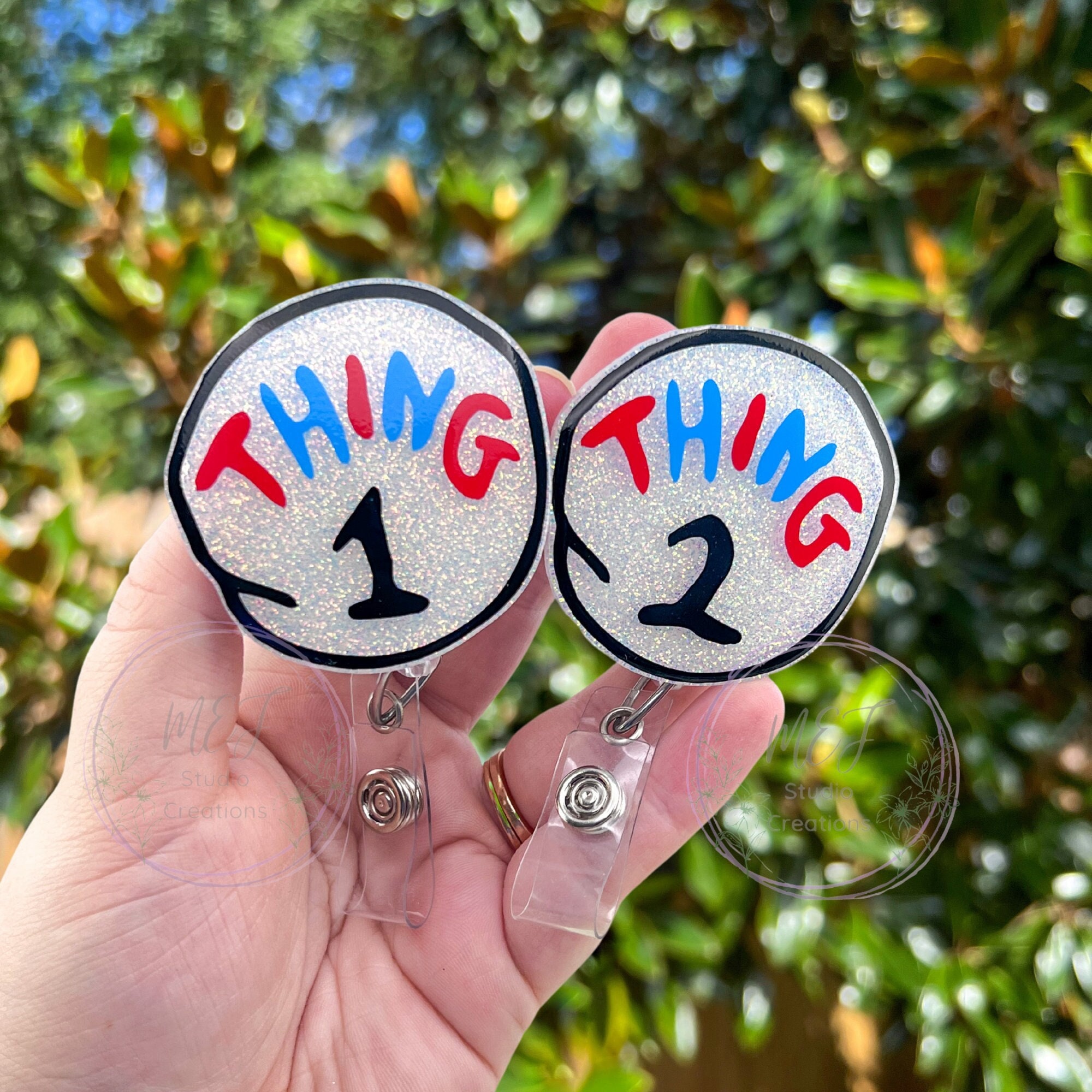 Thing 1 and Thing 2 Glitter Interchangeable Badge Reel | White Thing 1 and  2 Glitter ID Holder | BFF Badge Reels | Cute Healthcare BFF Gift