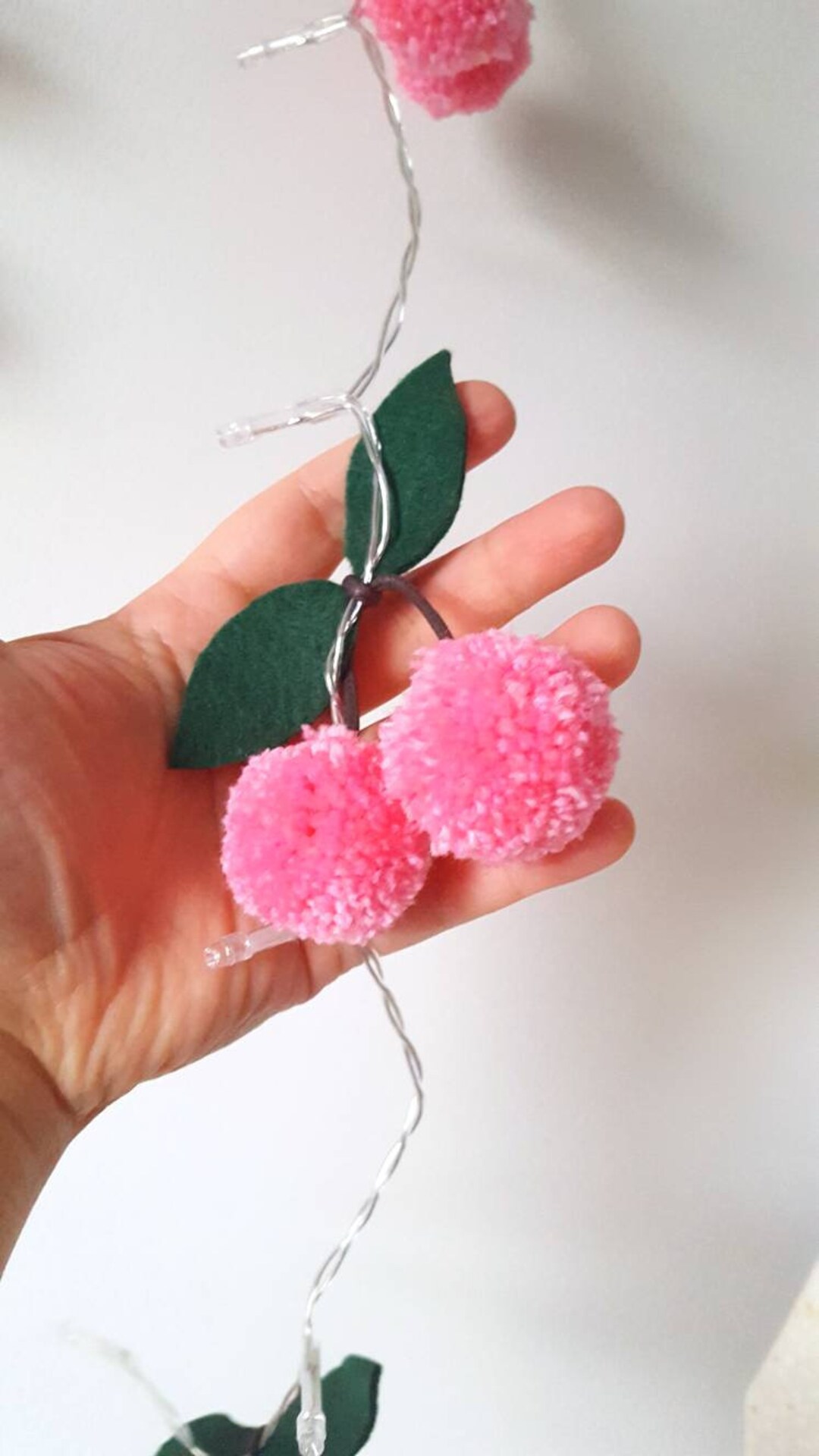 20 LED Cherry Pompom String Of Lights. Hand made bright coloured cherry ...