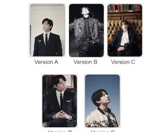 May include: Five different versions of a photo card featuring a man in various poses and outfits. The photos are in black and white and color. The photos are labeled with the letters A through E.