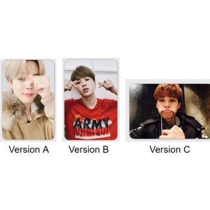 May include: Three different versions of a photo card featuring a young man. The first version shows the man wearing a brown jacket with a fur collar. The second version shows the man wearing a red shirt with the word "ARMY" printed on it. The third version shows the man wearing a black jacket and making a funny face.