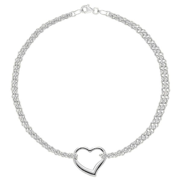 14K White Gold Double Strand with Center Heart Anklet, 10"