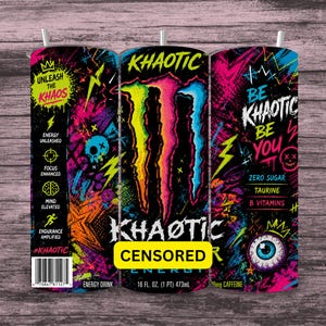 May include: A cylindrical 473ml energy drink can featuring a black background with vibrant neon graffiti-style art, including lightning bolts, a skull, and an eye. The text reads KHAOTIC, UNLEASH THE KHAOS, BE KHAOTIC BE YOU, and lists ingredients.