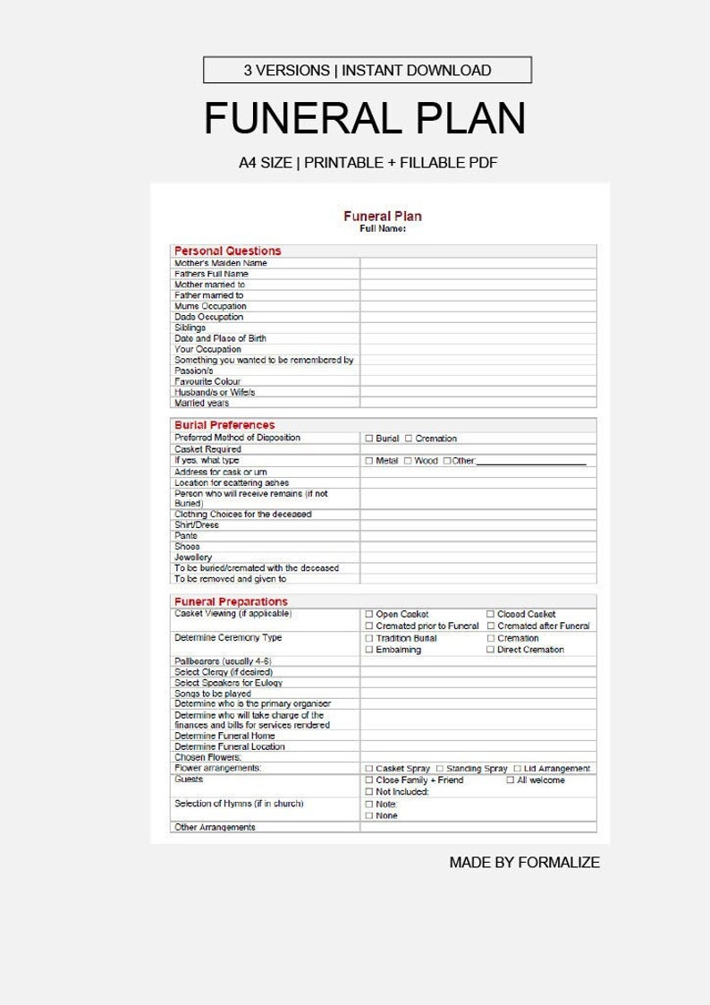 Printable Funeral Plan Etsy Printable Funeral Plan Etsy