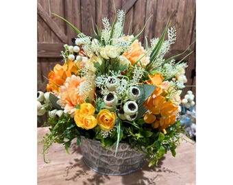 Floral Arrangement Centerpiece, Orange and Cream Summer Decor, Farmhouse Table Arrangement, Rustic Metal Container, Spring Summer Home Decor