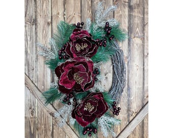 Burgundy Christmas Wreath, Velvet Flowers, Frosted Pine, Gold Front Door Decor