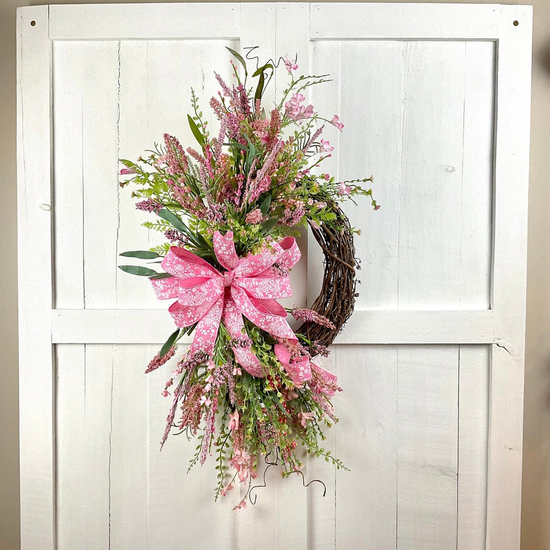 Pink Floral Grapevine Wreath,monochromatic Grapevine Pink Flower Wreath ...