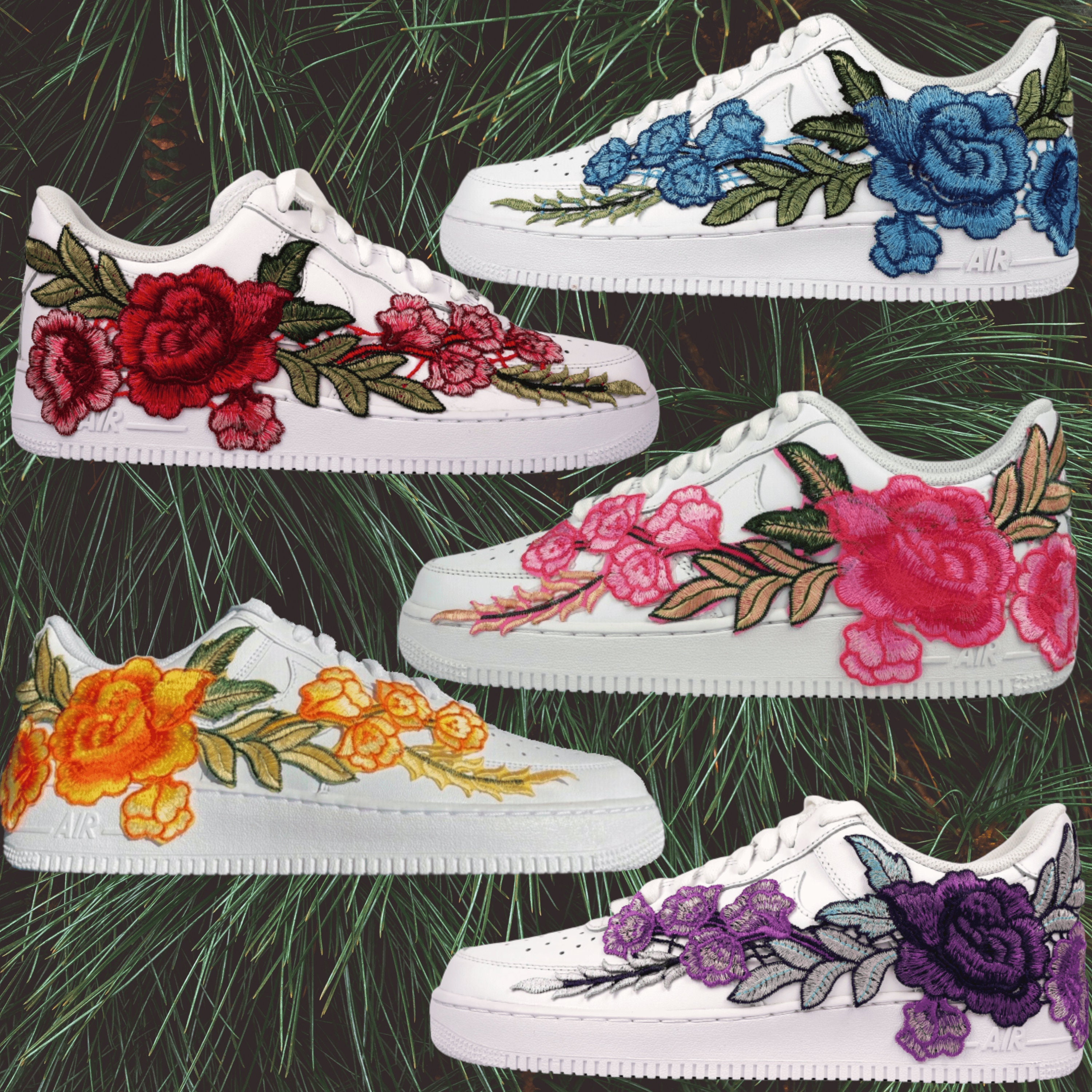 💎 Air Force 1 Custom Teal Rose Low Blue Flower Floral Black