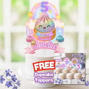 May include: A cake topper featuring a large glittery dumpling character in a bamboo steamer, a rainbow, stars, and the number 5. Below, a pink banner displays the name Amelia. Includes smaller dumpling icons and matching cupcake toppers.