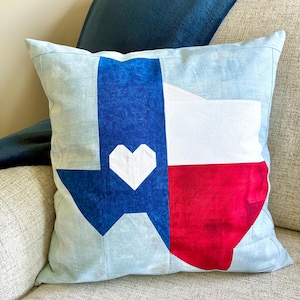 Texas Flag Heart Throw Pillow Quilt Pattern, Patchwork Lone Star State Pillow (PDF Download)
