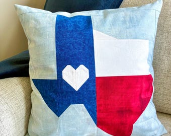 Texas Flag Heart Throw Pillow Quilt Pattern, Patchwork Lone Star State Pillow (PDF Download)