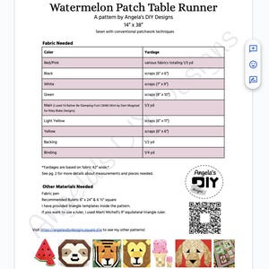 K&ouml;nnte beinhalten: Ein Muster f&uuml;r einen Watermelon Patch Table Runner, 35.56 cm x 96.52 cm, von Angela's DIY Designs. Das Bild zeigt eine detaillierte Liste der Stofffarben und der ben&ouml;tigten Stoffmenge, einschlie&szlig;lich Rot/Rosa, Schwarz, Wei&szlig; und Gr&uuml;n. Es listet auch andere ben&ouml;tigte Materialien auf, wie z. B. einen Stoffstift und Lineale.