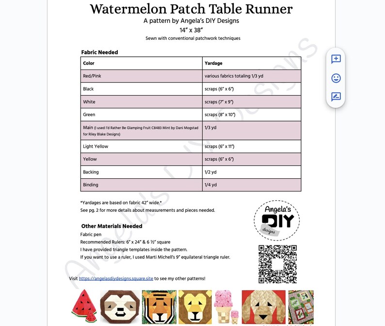 K&ouml;nnte beinhalten: Ein Muster f&uuml;r einen Watermelon Patch Table Runner, 35.56 cm x 96.52 cm, von Angela's DIY Designs. Das Bild zeigt eine detaillierte Liste der Stofffarben und der ben&ouml;tigten Stoffmenge, einschlie&szlig;lich Rot/Rosa, Schwarz, Wei&szlig; und Gr&uuml;n. Es listet auch andere ben&ouml;tigte Materialien auf, wie z. B. einen Stoffstift und Lineale.